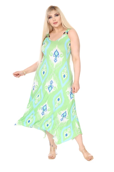 Melsay Butik Askılı V Yaka Toka Detaylı Yeşil Motif Desen Elbise - Resim 3