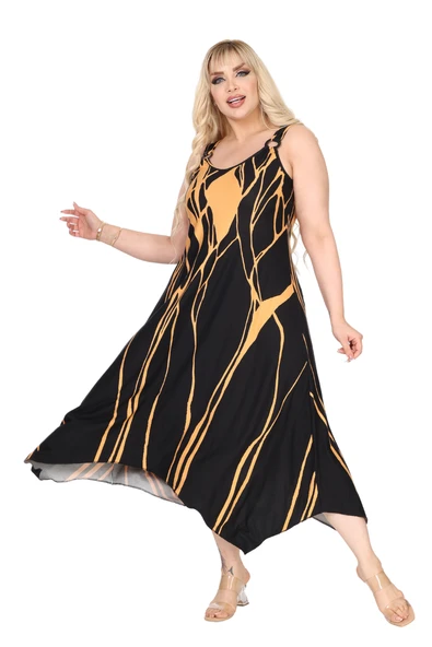 Melsay Butik Askılı V Yaka Toka Detaylı Sarı Lav Desen Elbise - Resim 4