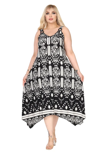 Melsay Butik Askılı V Yaka Toka Detaylı Beyaz Retro Desen Elbise - Resim 4