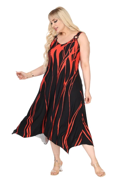 Melsay Butik Askılı V Yaka Toka Detaylı Kırmızı Lav Desen Elbise - Resim 2