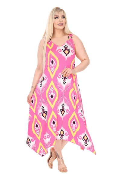 Melsay Butik Askılı V Yaka Toka Detaylı Pembe Motif Desen Elbise - Resim 4