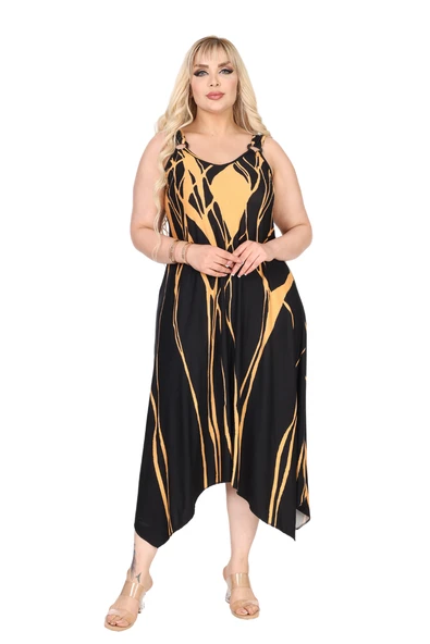 Melsay Butik Askılı V Yaka Toka Detaylı Sarı Lav Desen Elbise - Resim 2