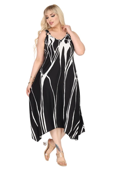 Melsay Butik Askılı V Yaka Toka Detaylı Beyaz Lav Desen Elbise - Resim 4