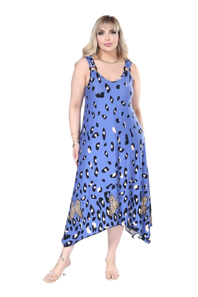 Melsay Butik Askılı V Yaka Mavi Sulu Leopar Desen Elbise - Resim 5