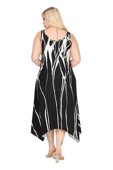 Melsay Butik Askılı V Yaka Toka Detaylı Beyaz Lav Desen Elbise - Resim 6