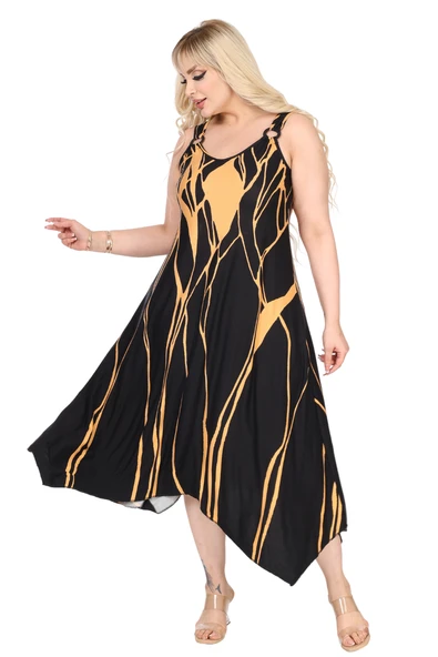 Melsay Butik Askılı V Yaka Toka Detaylı Sarı Lav Desen Elbise - Resim 5