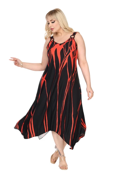 Melsay Butik Askılı V Yaka Toka Detaylı Kırmızı Lav Desen Elbise - Resim 6