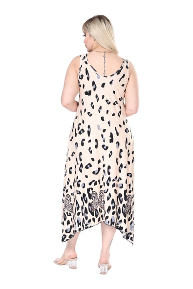 Melsay Butik Askılı V Yaka Bej Sulu Leopar Desen Elbise - Resim 6