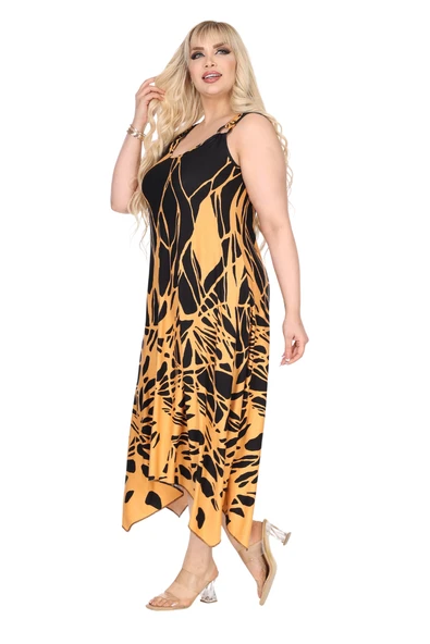 Melsay Butik Askılı V Yaka Toka Detaylı Sarı Reflektör Desen Elbise - 6