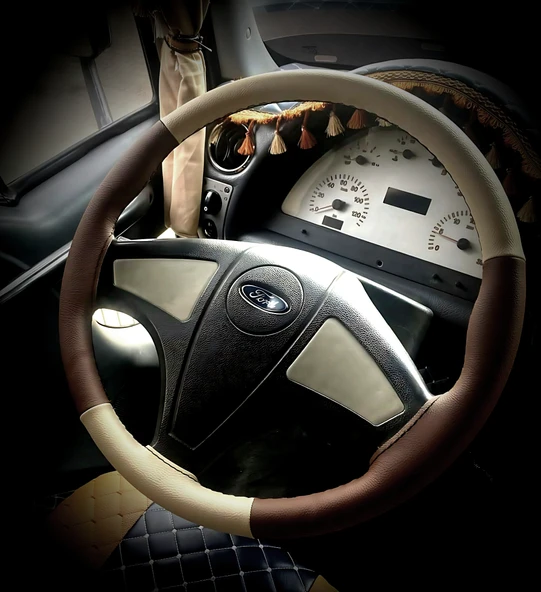 DİKİŞLİ DİREKSİYON KILIFI BEJ DERİ KAHVE DERİ SİYAH DİKİŞ FORD 3230 İCİN