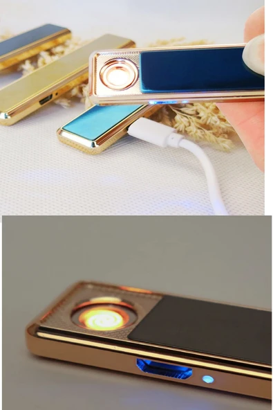 Kızaklı Gold USB Şarjlı Çakmak Alevsiz Elektronik Çakmak Rüzgarda Sönmez Kablo Dahil - 3