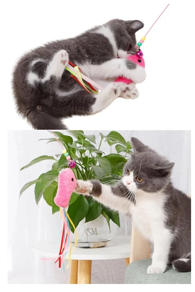 Interaktif Kedi Tüy Oyuncak Değnek Oyuncak Teaser Sevimli Balık Çıngıraklı Oyun Kovalamaca Egzersizi - 2