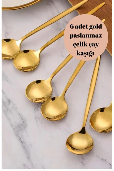 6 Adet Şık Parlak Gold Paslanmaz Titanyum Çelik Çay Kaşığı Kararmaz - 2