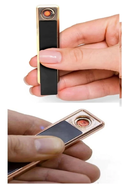 Kızaklı Gold USB Şarjlı Çakmak Alevsiz Elektronik Çakmak Rüzgarda Sönmez Kablo Dahil - 5