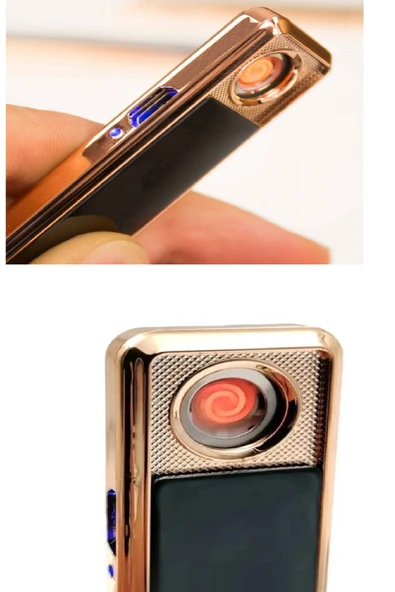 Kızaklı Gold USB Şarjlı Çakmak Alevsiz Elektronik Çakmak Rüzgarda Sönmez Kablo Dahil - 2