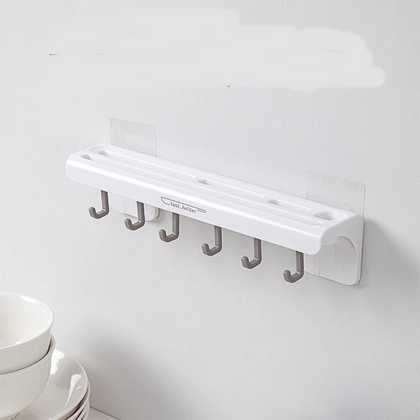 Duvara Monte Yapışkanlı Bıçak Tutucu 6 Kancalı Kepçe Askısı - Resim 3