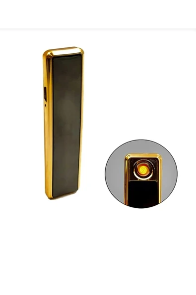 Kızaklı Gold USB Şarjlı Çakmak Alevsiz Elektronik Çakmak Rüzgarda Sönmez Kablo Dahil - 4