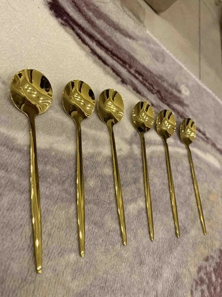 6 Adet Şık Parlak Gold Paslanmaz Titanyum Çelik Çay Kaşığı Kararmaz - 3