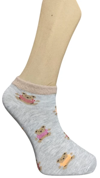 3 Adet Kadın Tüylü Lastik Detaylı Neşeli Desenli Pamuk Patik - 3