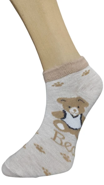 3 Adet Kadın Tüylü Lastik Detaylı Neşeli Desenli Pamuk Patik - 12