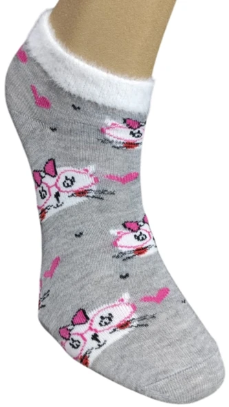 3 Adet Kadın Tüylü Lastik Detaylı Neşeli Desenli Pamuk Patik - 11