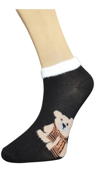 3 Adet Kadın Tüylü Lastik Detaylı Neşeli Desenli Pamuk Patik - 7