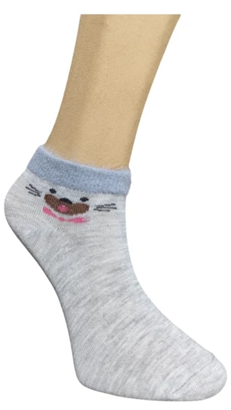 3 Adet Kadın Tüylü Lastik Detaylı Neşeli Desenli Pamuk Patik - 8