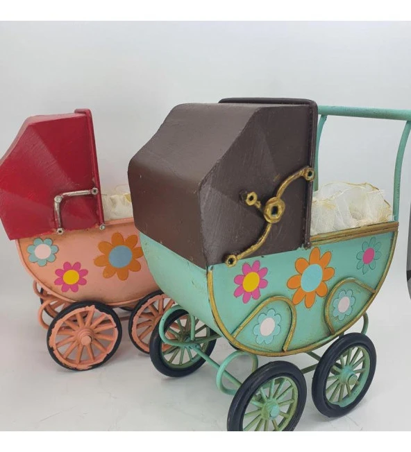 Mavi Dekoratif Metal Bebek Arabası - 6