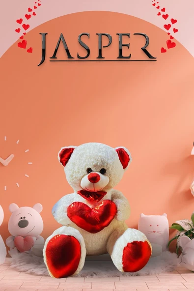 Jasper Beyaz-03040 Papyonlu Parlak Kalpli Sevimli Ayıcık - 45 cm