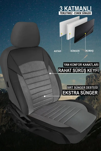 KURRA STORE Daihatsu Sandero  Uyumlu 5 KOLTUK TAM SET TAY TÜYÜ OTO KOLTUK KILIFI FÜME - Resim 3