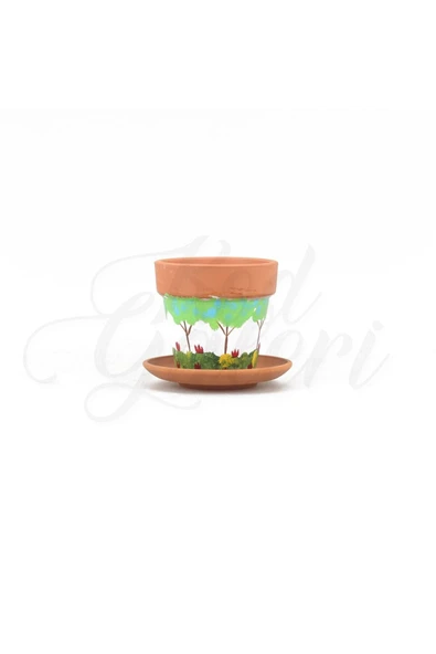 Tabaklı Boyama Çeşitli Renkli Minik Klasik Tip El Yapımı Doğal Terleyen Çömlek Toprak Saksı No.354 - 3