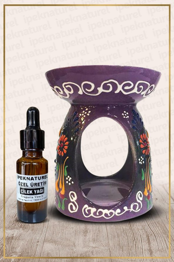 Nakış İşlemeli Seramik Buhurdanlık Mor ve Çilek Yağı Setli