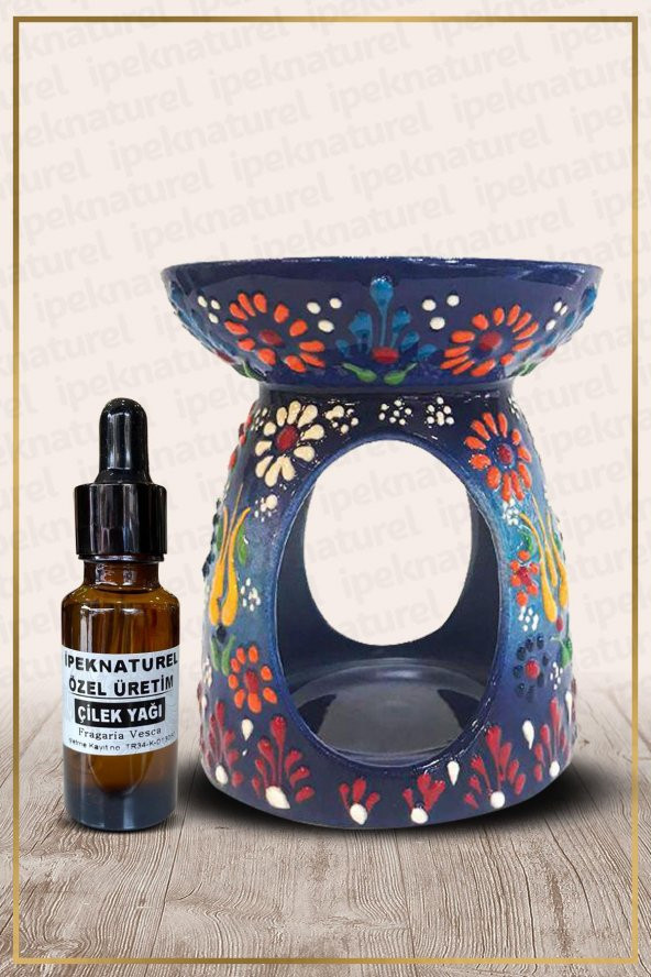 Nakış İşlemeli Seramik Buhurdanlık Lacivert ve Çilek Yağı Setli