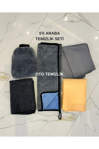 euroist 5'li Oto Yıkama Seti Mikrofiber Kurulama Bezi, Güderi Bez, Araba Yıkama Eldiveni, Cam Bezi 70x50 Cm