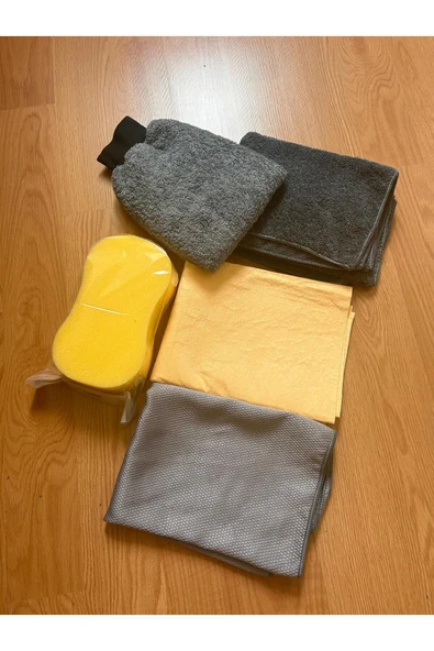 euroist 5'li Oto Yıkama Seti - Oto Yıkama Eldiveni, Güderi Bez, Mikrofiber Bez, Cam Bezi 50X70cm