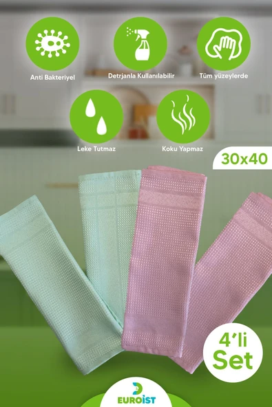 euroist 4 ADET Temizlik Bezi - Mikrofiber, Cam, Ayna, Mutfak, Banyo, Araç Genel Temizlik Bezi - 30x40 CM - 2