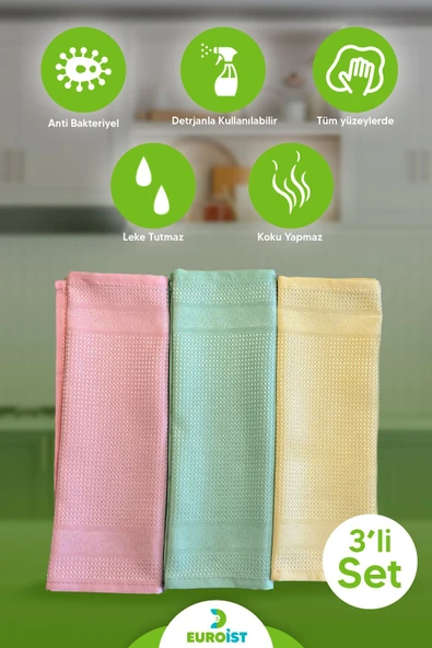 euroist 3'lü Mikrofiber Temizlik Bezi - Cam, Ayna, Mutfak, Banyo, Araç Genel Temizlik Bezi - 30x40 CM