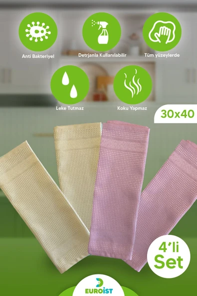 euroist (4 ADET) Mikrofiber Temizlik Bezi - Cam, Ayna, Mutfak, Banyo, Araç Genel Temizlik Bezi - 30x40 Cm