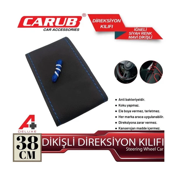 Direksiyon Kılııfı İğneli 38cm Delüx Siyah Mavi Dikişli - 2