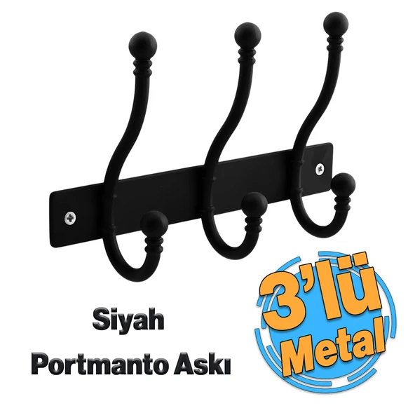 Metal Siyah 3'lü Birleşik Portmanto Vestiyer Duvar Monteli Dolap Askılığı Vidalı Elbise Asma 1 Adet