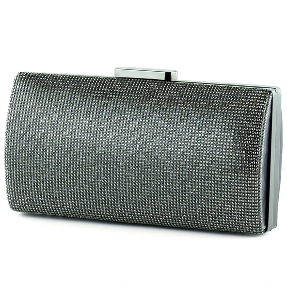 Erkan Saçmacı Antrasit Saten Kristal Taşlı Metal Saplı Abiye El Çantası