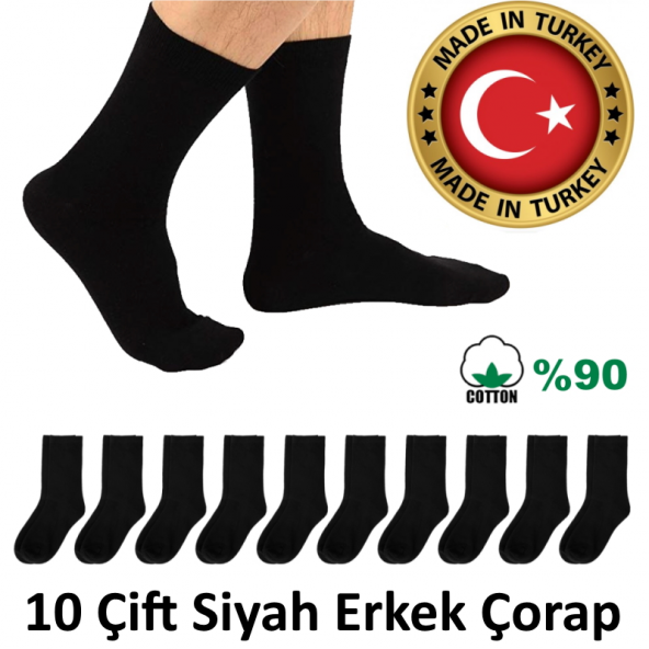 Kaliteli Pamuk Cotton 10 Çift Erkek Siyah Çorap