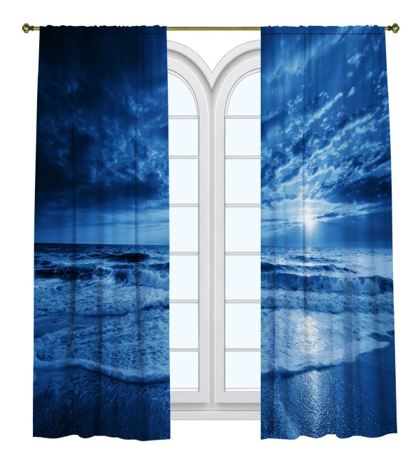 Fon Perde Tasarım Dekor Gökyüzü Sahil Gece Mavi Okyanus Desenli Dijital Baskılı Çift Kanat 150+150 Toplam 300 cm