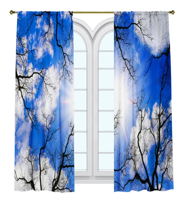 Fon Perde Tasarım Dekor Mavi Güneşli Gökyüzü Ağaç Dal Desenli Dijital Baskılı Çift Kanat 150+150 Toplam 300 cm