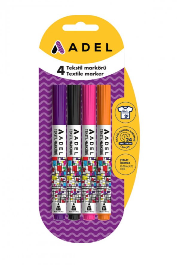 Tekstil Kumaş Kalem Markörü 4 lü Keçeli Kalem Adel Tekstil Markörü 4 Renkli Paket - 2