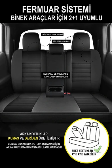 KURRA STORE Nissan Terrano  Uyumlu 5 KOLTUK TAM SET DERİ BEL DESTEKLİ OTO KOLTUK KILIFI SİYAH - 5