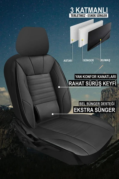 KURRA STORE Nissan Terrano  Uyumlu 5 KOLTUK TAM SET DERİ BEL DESTEKLİ OTO KOLTUK KILIFI SİYAH - 3