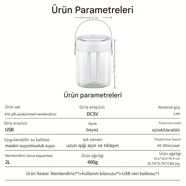 2L Büyük Kapasiteli Çift Sprey Dijital Ekranlı Hava Işıklı Difüzör Nemlendirici A15 HUMEDİFER - 5