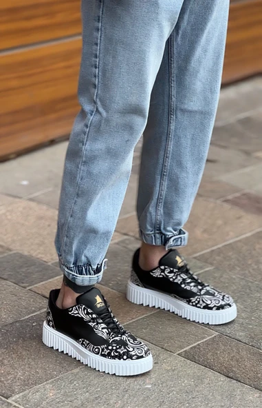 BA0802 BOA Gotik Desenli Siyah Beyaz Yüksek Taban Erkek Günlük Ayakkabı - Resim 3