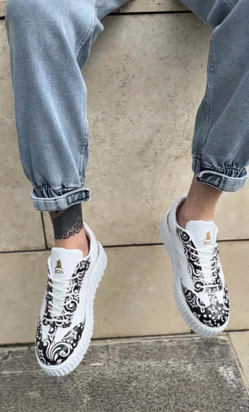 BA0802 BOA Gotik Desenli Beyaz Yüksek Taban Erkek Günlük Ayakkabı - Resim 6